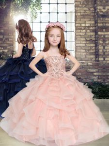 Superior Sleeveless Floor Length Beading and Ruffles Lace Up Girls Pageant Dresses with Peach