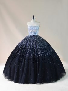 Black Sleeveless Floor Length Beading Lace Up Quinceanera Gown