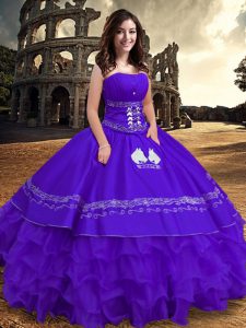 Cheap Ball Gowns Vestidos de Quinceanera Purple Strapless Satin and Organza Sleeveless Floor Length Lace Up
