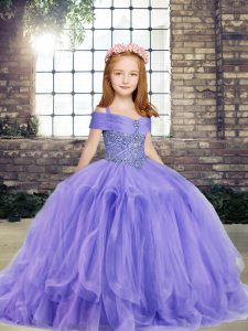 Superior Lavender Sleeveless Floor Length Beading Lace Up Little Girls Pageant Gowns