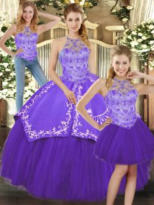 Purple Sleeveless Satin and Tulle Lace Up Ball Gown Prom Dress for Military Ball and Sweet 16 and Quinceanera