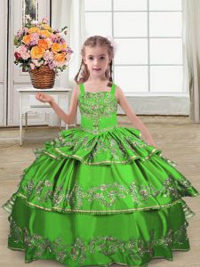 Low Price Green Sleeveless Floor Length Embroidery and Ruffled Layers Lace Up Kids Formal Wear