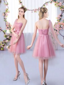 Fine Pink Sleeveless Mini Length Appliques and Belt Lace Up Quinceanera Court Dresses