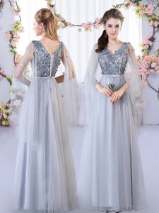 Grey Sleeveless Appliques Floor Length Dama Dress for Quinceanera