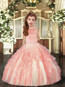 Stylish Sleeveless Tulle Floor Length Backless Little Girls Pageant Dress in Peach with Beading and Ruffles