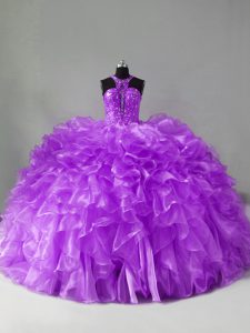 Lovely Purple Ball Gowns Halter Top Sleeveless Organza Brush Train Zipper Beading and Ruffles Quinceanera Gowns