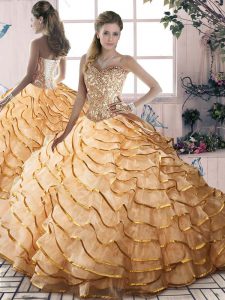 Gold Casual Dresses Organza Brush Train Sleeveless Beading and Ruffled Layers
