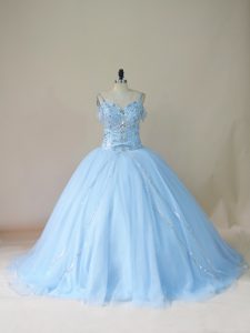 Sleeveless Tulle Brush Train Lace Up 15th Birthday Dress in Light Blue with Beading