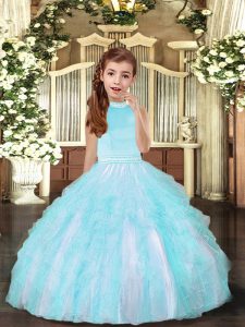 Affordable Aqua Blue Sleeveless Beading and Ruffles Floor Length Kids Pageant Dress