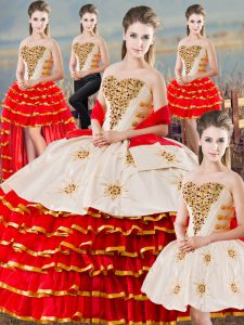 Gorgeous Sleeveless Floor Length Beading and Ruffled Layers Lace Up Sweet 16 Dresses with White And Red
