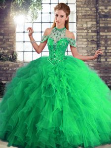 Customized Beading and Ruffles Quinceanera Dresses Green Lace Up Sleeveless Floor Length