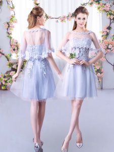 Fitting Grey A-line Tulle Sweetheart Sleeveless Lace Mini Length Lace Up Quinceanera Dama Dress