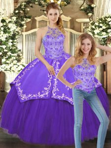 Most Popular Halter Top Sleeveless Satin and Tulle 15th Birthday Dress Beading and Embroidery Lace Up