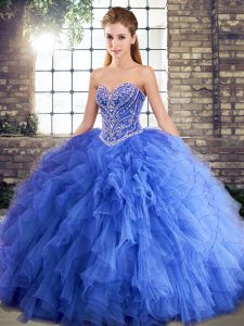 Trendy Blue Sleeveless Floor Length Beading and Ruffles Lace Up Quinceanera Gowns