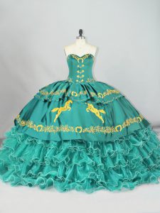 Romantic Turquoise Sleeveless Brush Train Embroidery and Ruffled Layers Quinceanera Dresses
