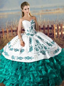 Elegant Turquoise Sleeveless Satin and Organza Lace Up Quince Ball Gowns for Sweet 16 and Quinceanera