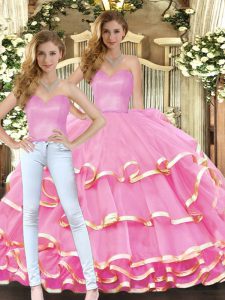 Sleeveless Floor Length Ruffled Layers Lace Up Quinceanera Dress with Rose Pink