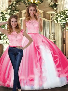 Dramatic Hot Pink Sleeveless Lace and Ruffles Floor Length Vestidos de Quinceanera