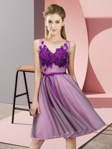 Unique Lilac Lace Up V-neck Appliques Dama Dress for Quinceanera Tulle Sleeveless