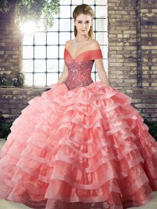 Edgy Ball Gowns Sleeveless Watermelon Red Quinceanera Dresses Brush Train Lace Up