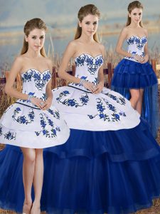 Royal Blue Ball Gowns Sweetheart Sleeveless Tulle Floor Length Lace Up Embroidery and Bowknot 15th Birthday Dress