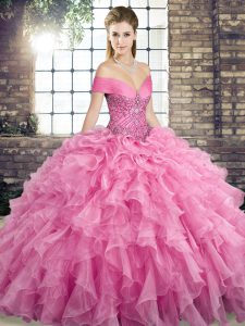 Custom Designed Beading and Ruffles 15 Quinceanera Dress Rose Pink Lace Up Sleeveless Brush Train