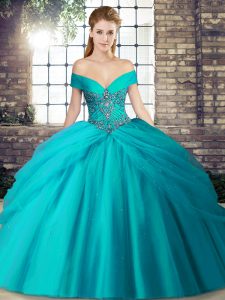 Cute Teal Ball Gowns Off The Shoulder Sleeveless Tulle Brush Train Lace Up Beading and Pick Ups Ball Gown Prom Dress