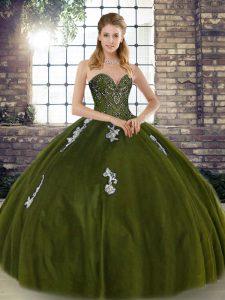 Excellent Floor Length Olive Green Quinceanera Dresses Tulle Sleeveless Beading and Appliques