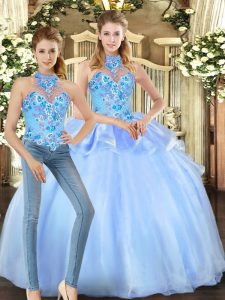 Floor Length Blue Quinceanera Gowns Halter Top Sleeveless Lace Up