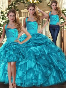 Enchanting Teal Organza Lace Up Sweet 16 Quinceanera Dress Sleeveless Floor Length Ruffles and Pick Ups