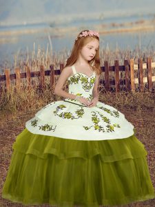 Olive Green Girls Pageant Dresses Party and Wedding Party with Embroidery Straps Sleeveless Lace Up