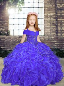 Nice Floor Length Lace Up Little Girls Pageant Gowns Purple for Party and Wedding Party with Beading and Ruffles