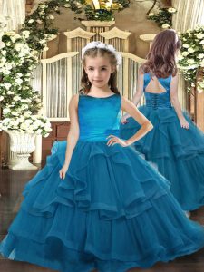 Ruffled Layers Glitz Pageant Dress Teal Lace Up Sleeveless Floor Length