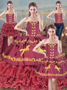 Exquisite Burgundy Sleeveless Brush Train Embroidery and Ruffles 15th Birthday Dress