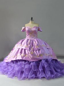 Off The Shoulder Sleeveless Chapel Train Lace Up Quinceanera Dress Lavender Organza