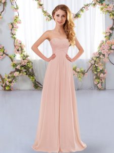 Designer Ruching Quinceanera Dama Dress Pink Lace Up Sleeveless Floor Length
