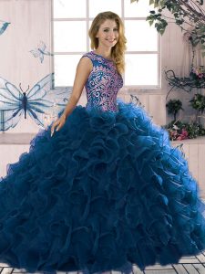Custom Made Royal Blue Lace Up Scoop Beading and Ruffles Quinceanera Gown Organza Sleeveless