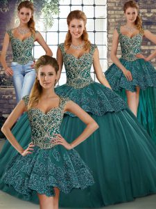 Dramatic Green Sweet 16 Dress Military Ball and Sweet 16 and Quinceanera with Beading and Appliques Straps Sleeveless Lace Up
