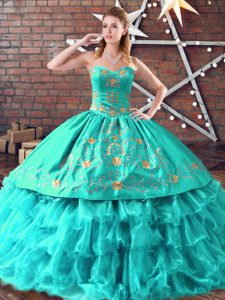 Glorious Embroidery and Ruffled Layers 15th Birthday Dress Aqua Blue Lace Up Sleeveless