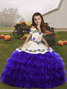 Stunning Embroidery and Ruffled Layers Child Pageant Dress Purple Lace Up Sleeveless Floor Length