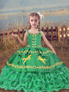 Admirable Sleeveless Organza Floor Length Lace Up Little Girls Pageant Dress in Turquoise with Beading and Embroidery and Ruffled Layers