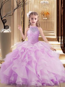 Floor Length Lace Up Little Girls Pageant Gowns Lilac for Party and Sweet 16 and Wedding Party with Beading