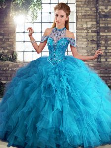 Modest Blue Lace Up Halter Top Beading and Ruffles 15 Quinceanera Dress Tulle Sleeveless