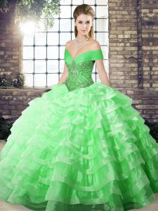 Hot Selling Green Sweet 16 Dresses Military Ball and Sweet 16 and Quinceanera with Beading and Ruffled Layers Off The Shoulder Sleeveless Brush Train Lace Up
