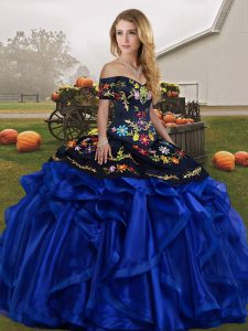 Off The Shoulder Sleeveless Organza Quince Ball Gowns Embroidery and Ruffles Lace Up