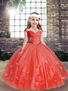 Amazing Coral Red Sleeveless Beading and Hand Made Flower Lace Up Little Girls Pageant Dress Wholesale