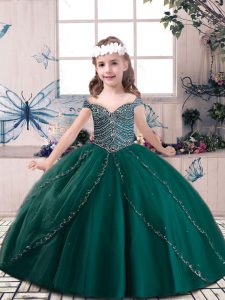 Unique Floor Length Ball Gowns Sleeveless Dark Green Pageant Gowns For Girls Lace Up