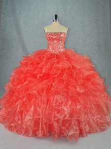 Red Ball Gowns Strapless Sleeveless Organza Floor Length Lace Up Beading and Ruffles Quinceanera Gown