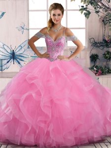Rose Pink Ball Gowns Off The Shoulder Sleeveless Tulle Floor Length Lace Up Beading and Ruffles 15th Birthday Dress