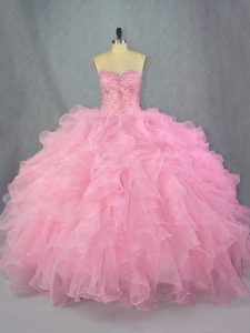 Eye-catching Pink Sleeveless Floor Length Beading and Ruffles Lace Up Ball Gown Prom Dress